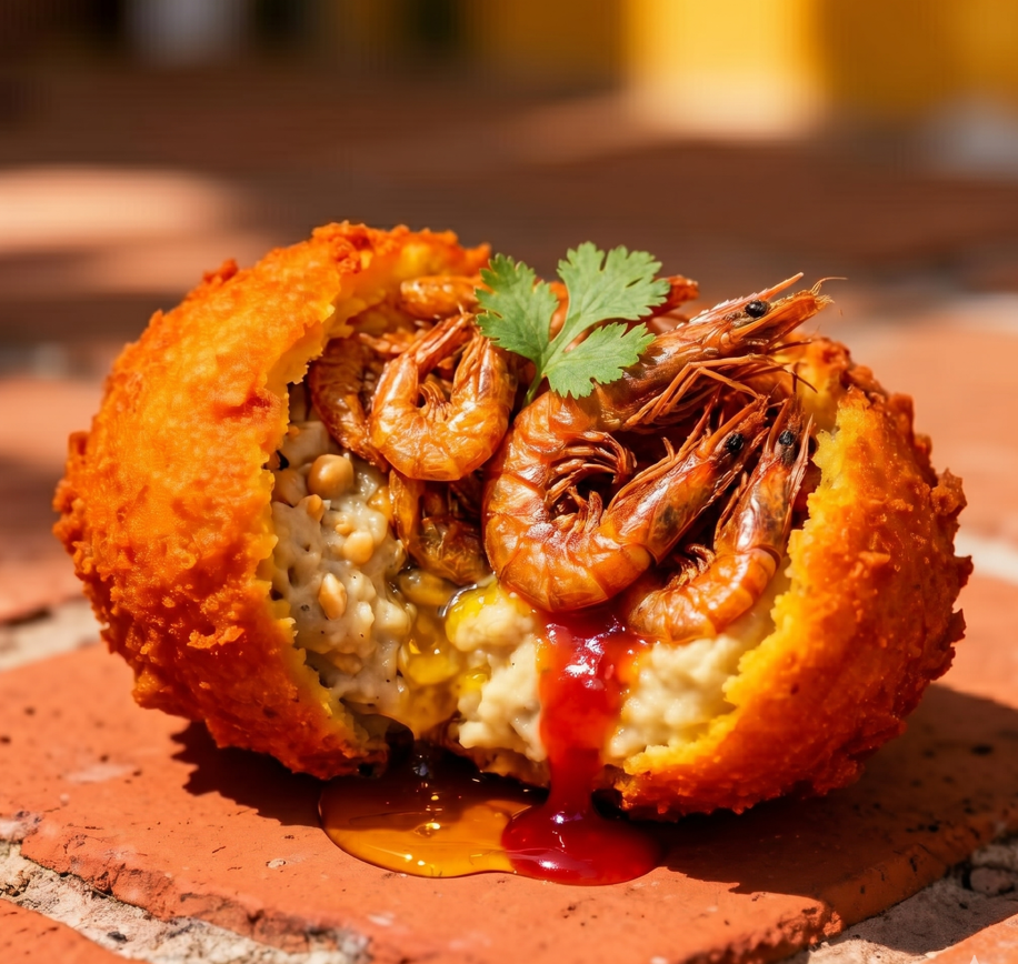 Acarajé recém-frito com recheio de vatapá, caruru, camarão e pimenta