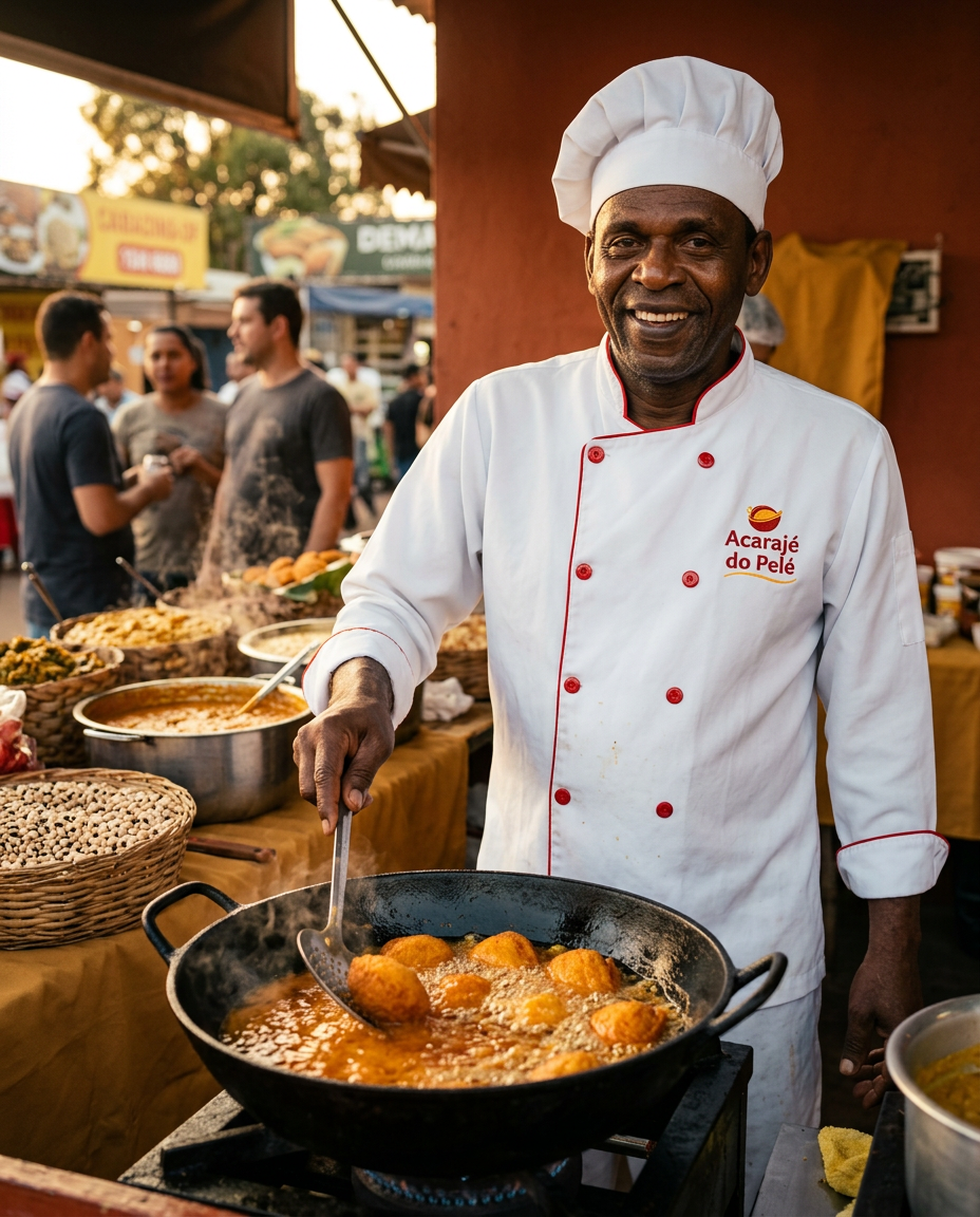 Pelé, com uniforme da marca, fritando acarajé em dendê quente